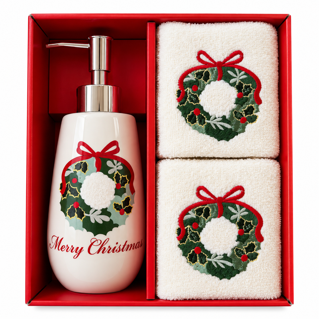 Kit 2 Toalhas 1 Porta Sabonete Liquido Natal