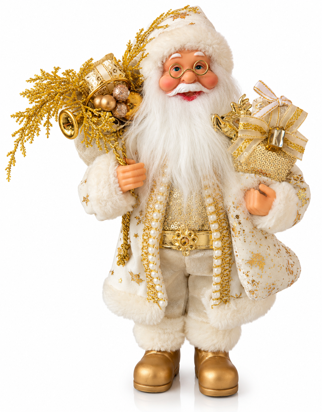 Papai Noel Roupa Branca E Dourado  60Cm