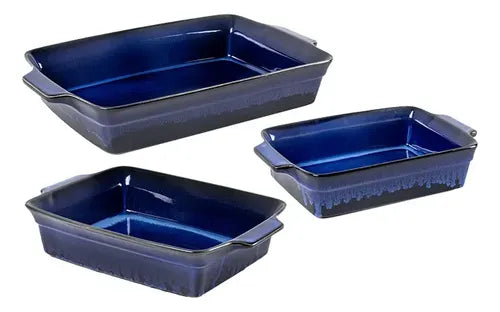 Conjunto 3 travessas retangulares azuis de cerâmica