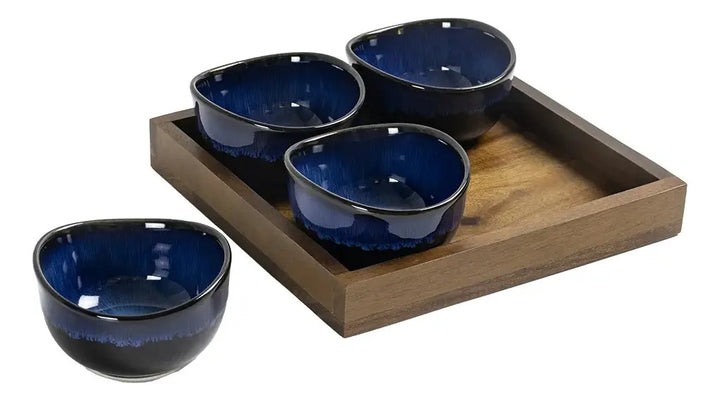PETISQUEIRA 4 BOWLS EM CERÂMICA AZUL E BASE DE MADEIRA