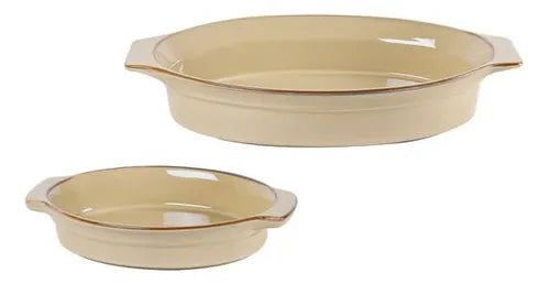 Conjunto 2 travessas ovais de cerâmica bege