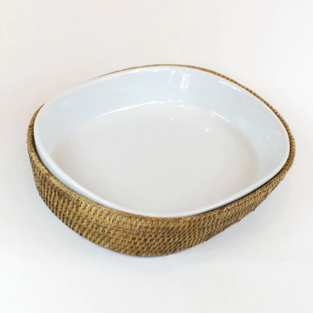Travessa Porcelana Oval 30X23 Cm Suporte  Rattan