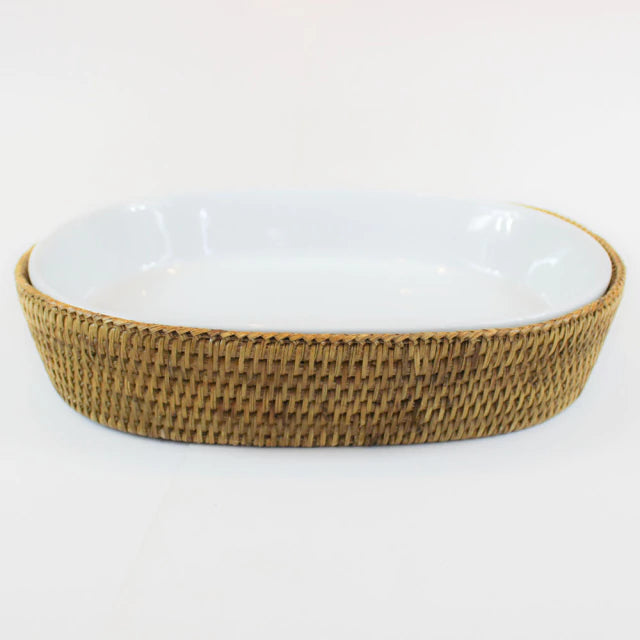 Travessa Porcelana Oval 30X23 Cm Suporte  Rattan