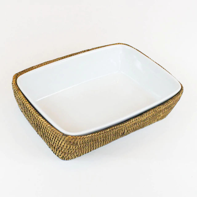 Travessa Porcelana Ret  30X22 Cm Suporte Rattan