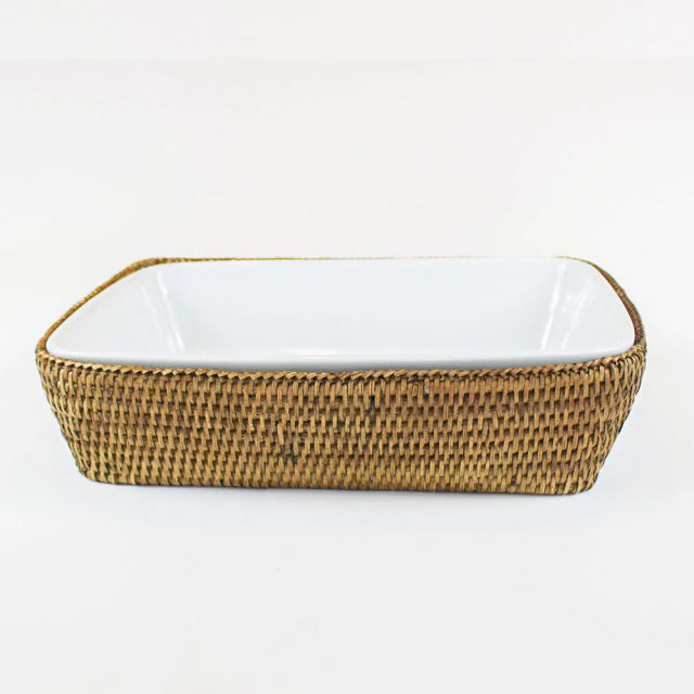 Travessa Porcelana Ret  30X22 Cm Suporte Rattan
