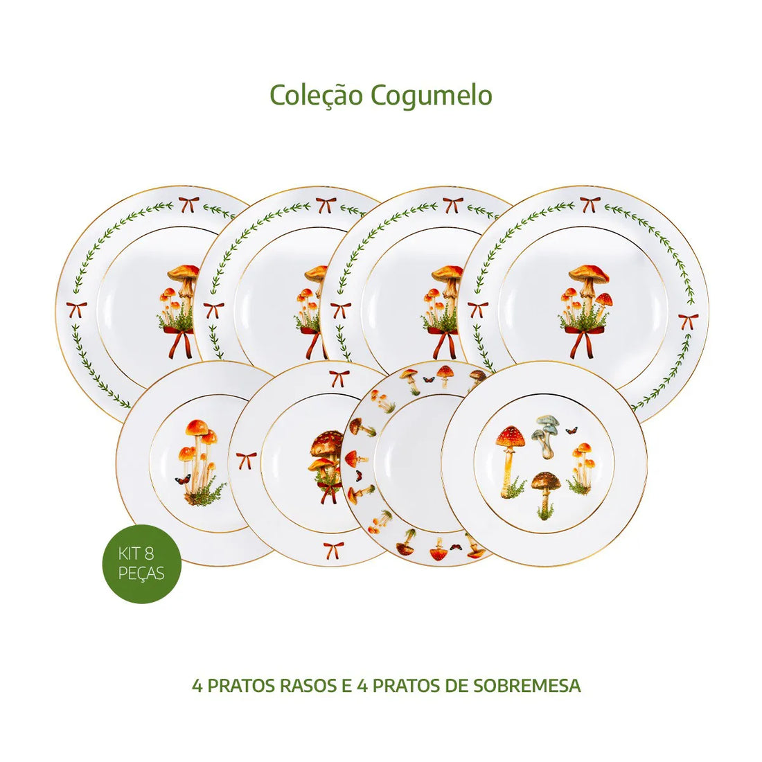 Kit 8 pratos cogumelo ouro