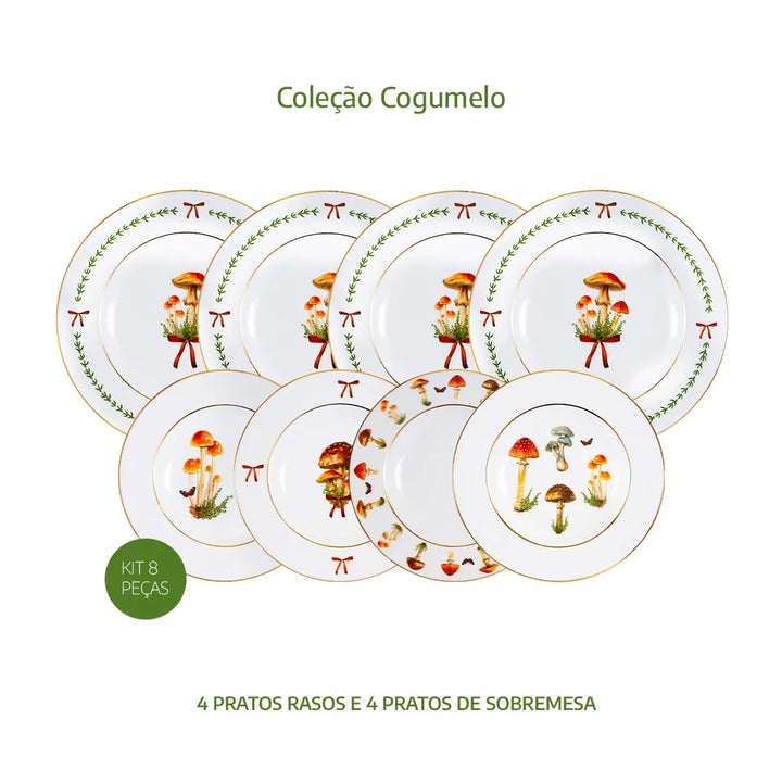Kit 8 pratos cogumelo ouro