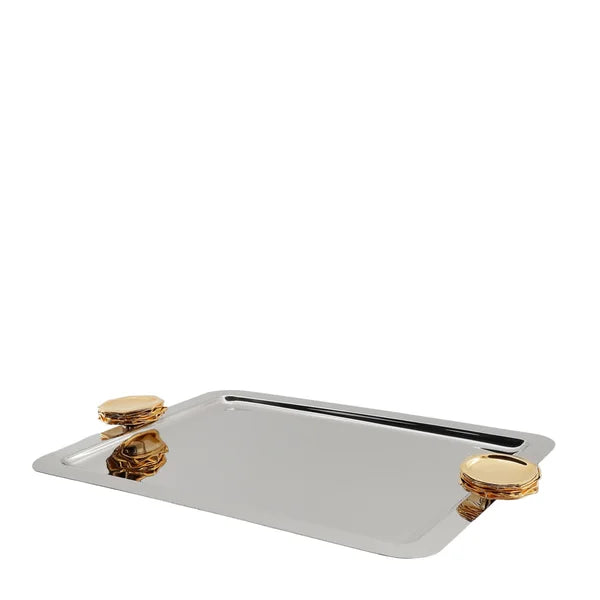 Bandeja impacto retangular media inox detalhes em ouro