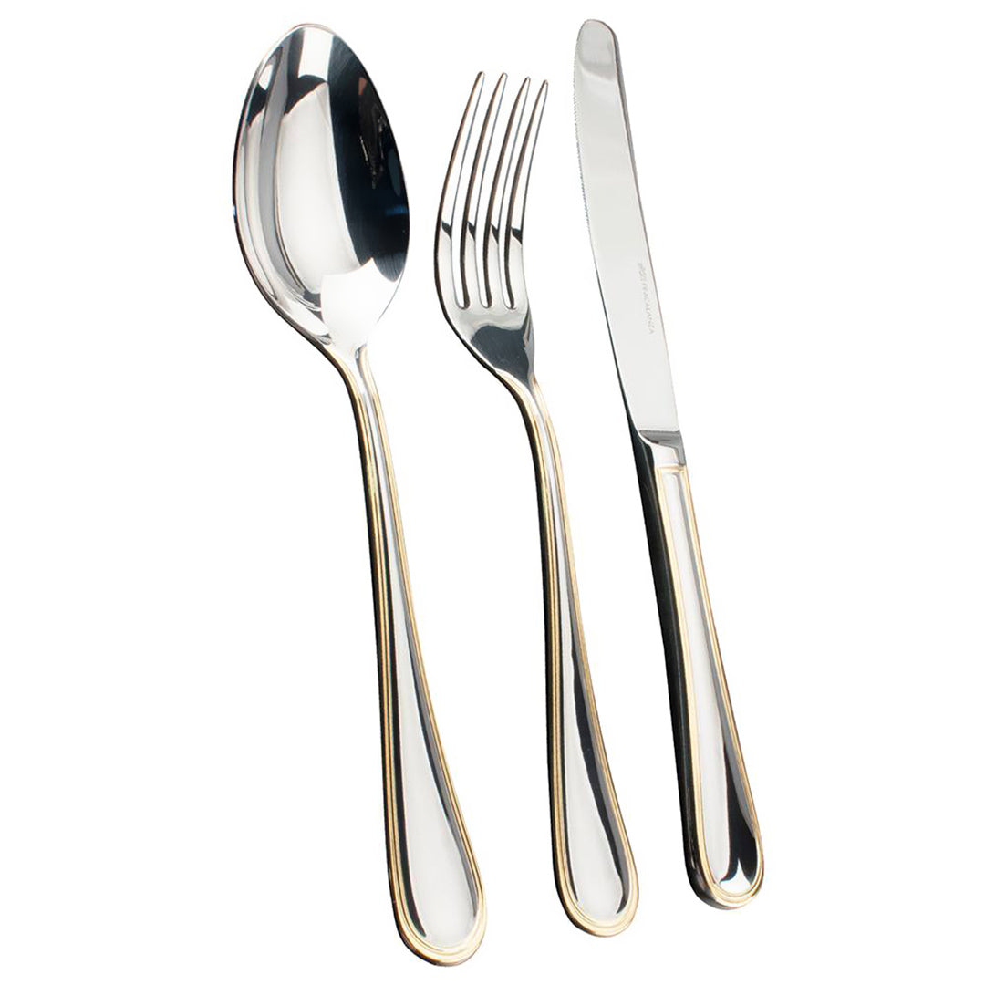 Faqueiro Louvre Inox 130 Peças Friso Ouro 24K Com Estojo