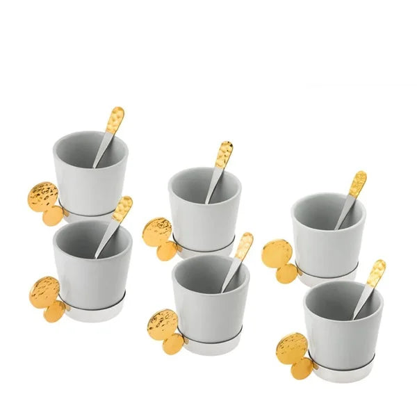 Jogo 6 Xicaras Café Riviera Nocc  Colheres Detalhes Ouro 24K